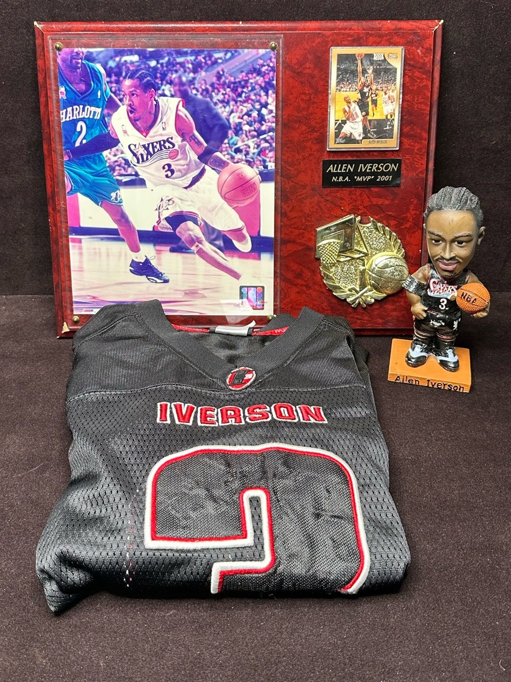 VINTAGE Allen Iverson 2001 MVP Collector’s Bundle-Jersey Bobblehead, Plaque